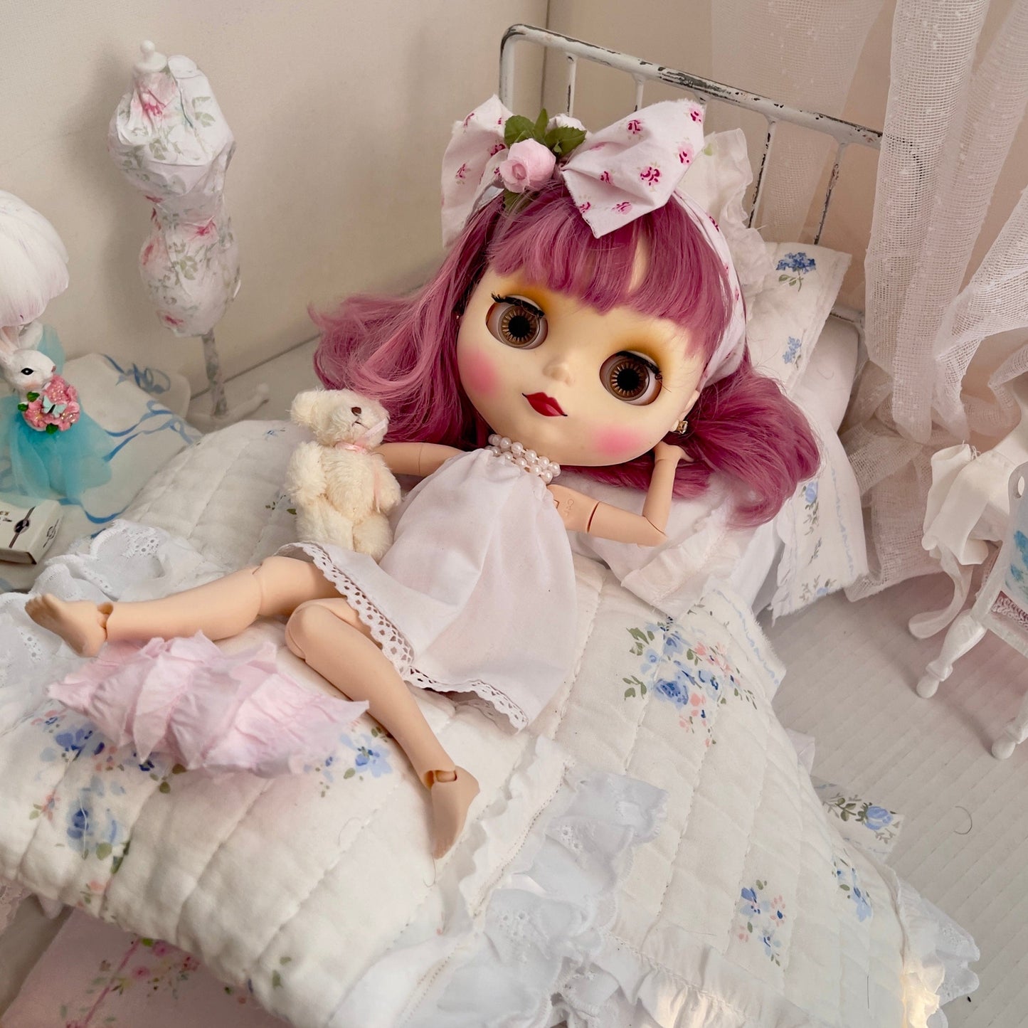 Chantallena pink ruffles Spring Willow 1:6 Scale | Reversible Blue Roses Quilt with White Cotton Bedding Set | Blues Away