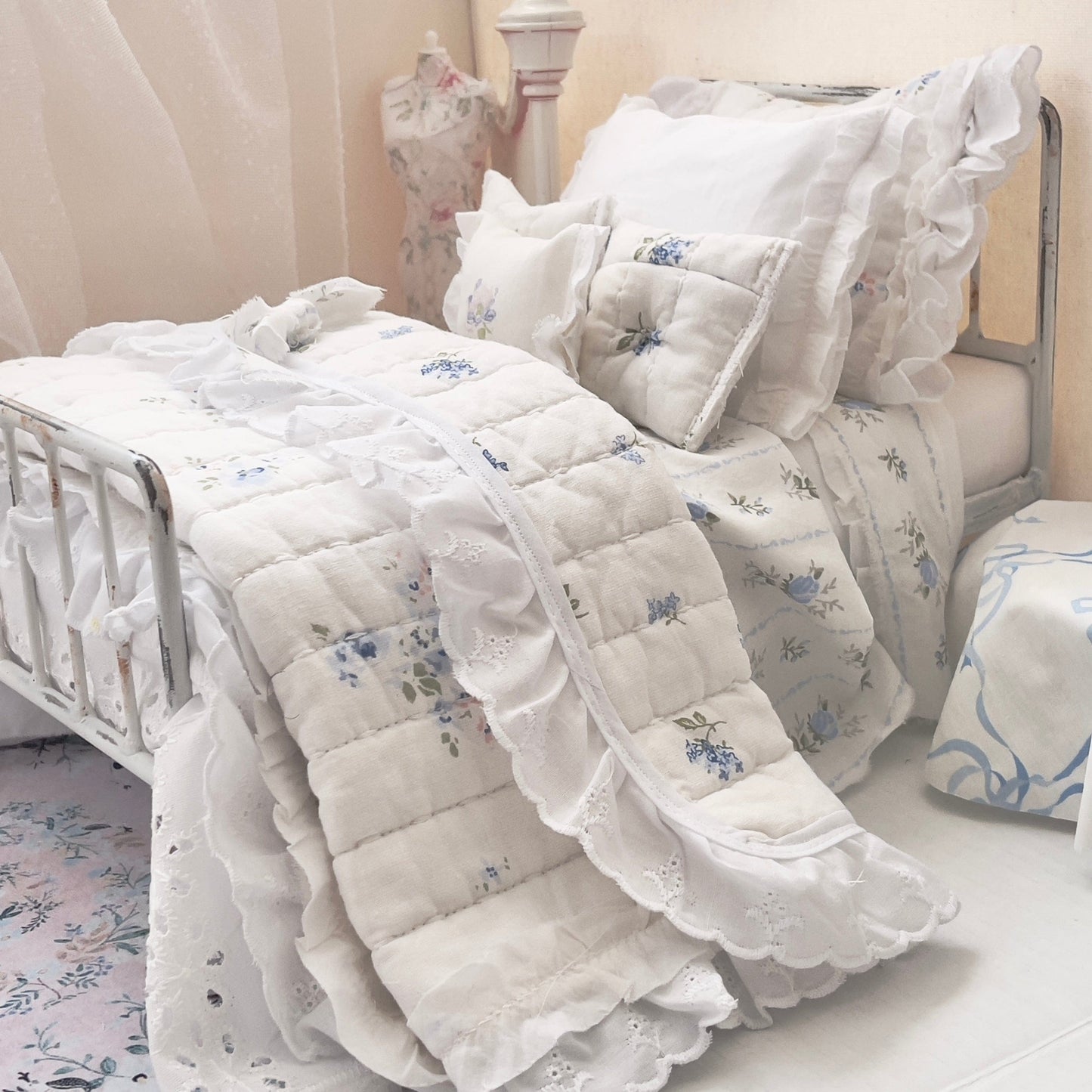 Chantallena pink ruffles Spring Willow 1:6 Scale | Reversible Blue Roses Quilt with White Cotton Bedding Set | Blues Away