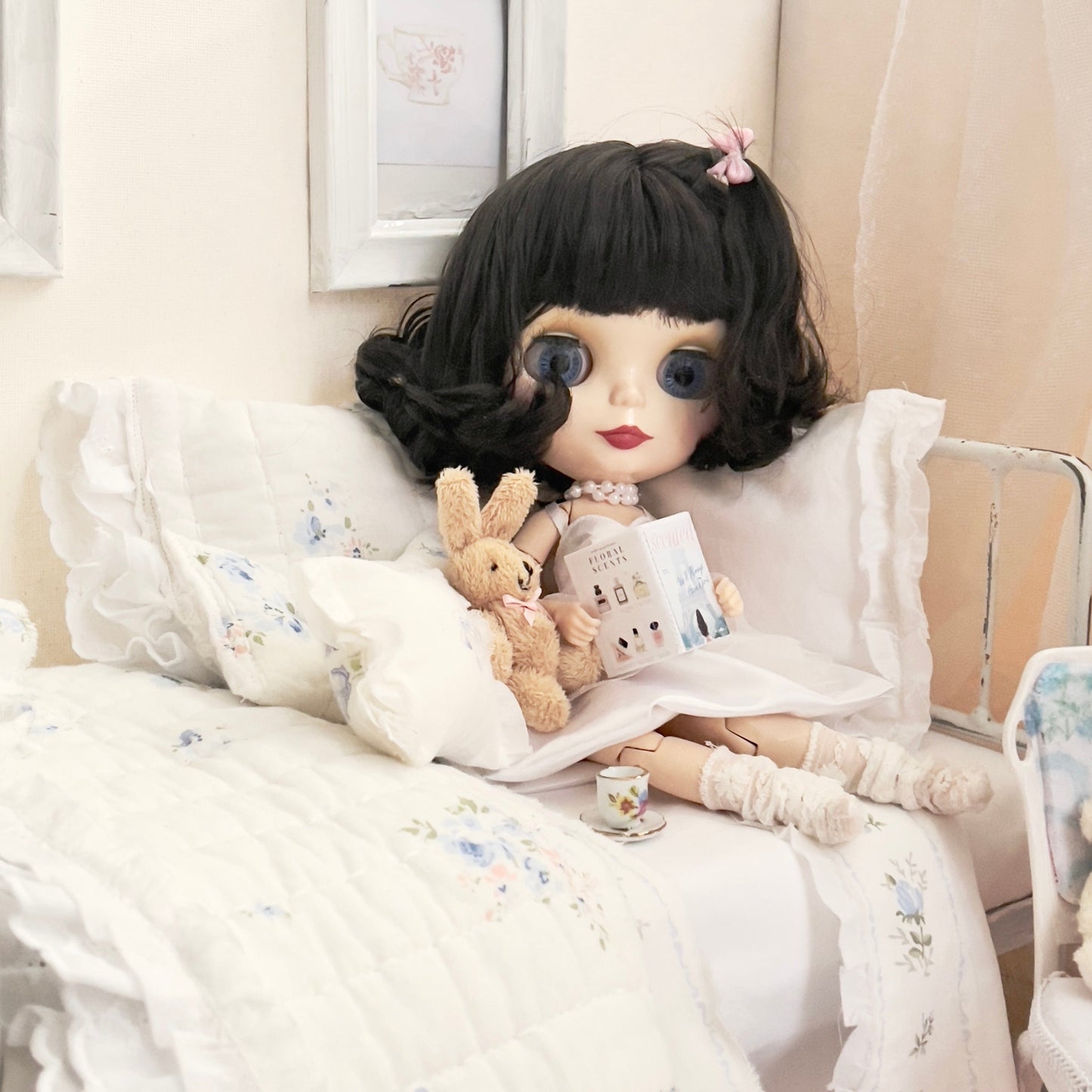 Chantallena pink ruffles Spring Willow 1:6 Scale | Reversible Blue Roses Quilt with White Cotton Bedding Set | Blues Away