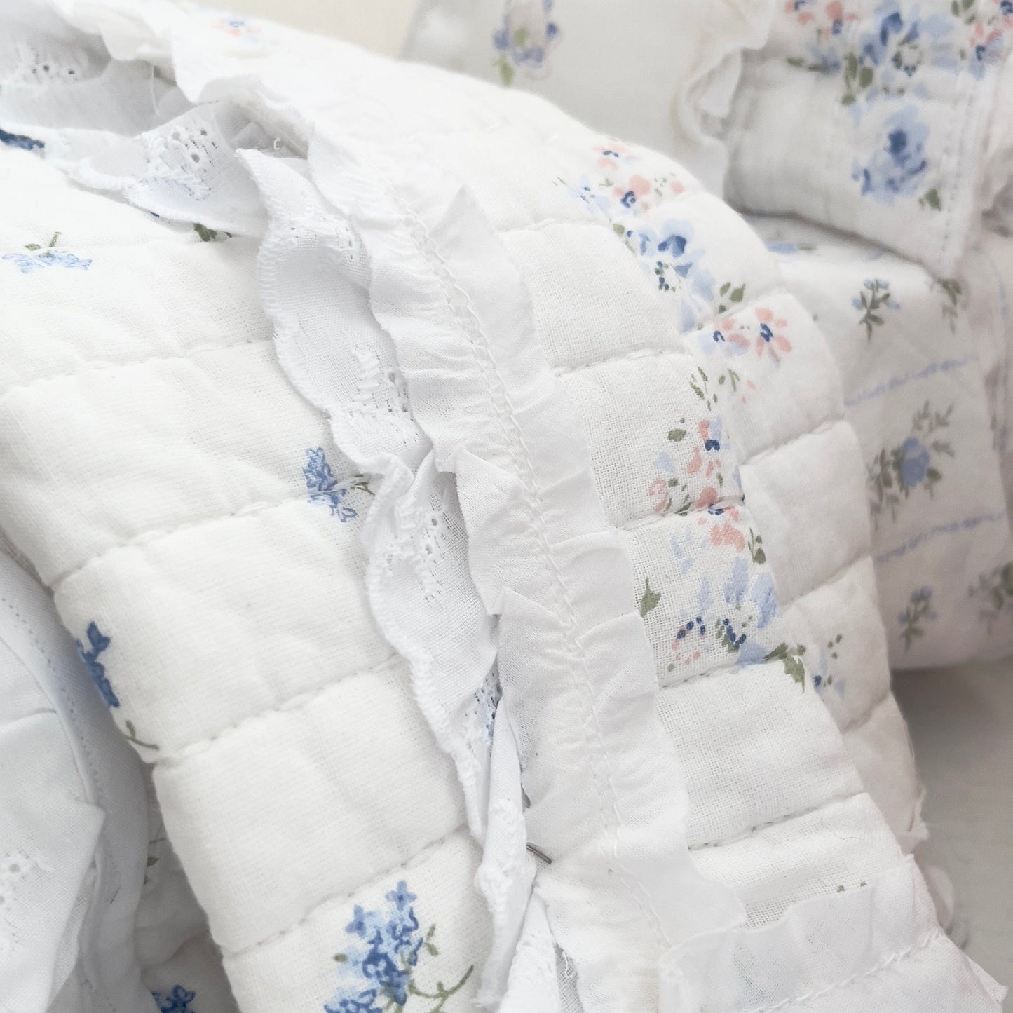 Chantallena pink ruffles Spring Willow 1:6 Scale | Reversible Blue Roses Quilt with White Cotton Bedding Set | Blues Away
