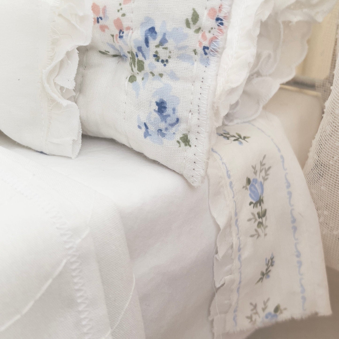 Chantallena pink ruffles Spring Willow 1:6 Scale | Reversible Blue Roses Quilt with White Cotton Bedding Set | Blues Away