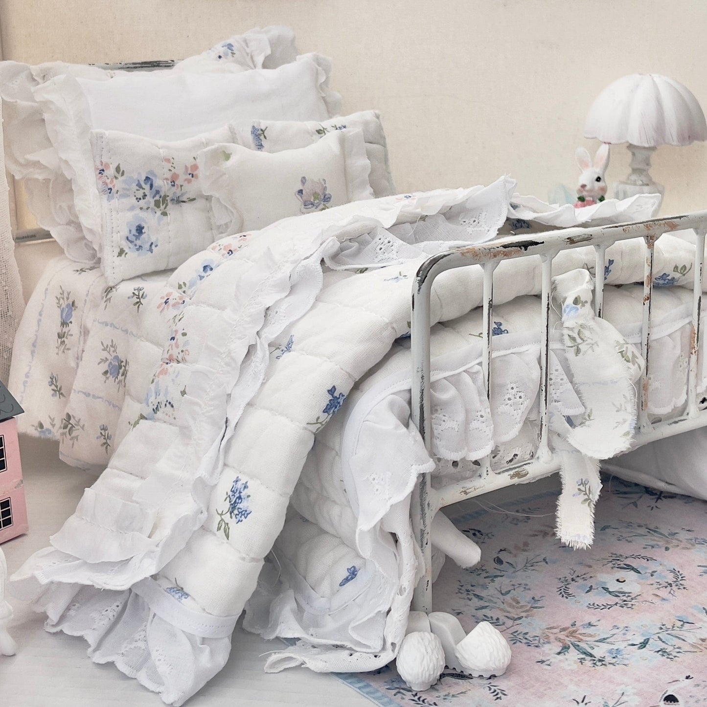 Chantallena pink ruffles Spring Willow 1:6 Scale | Reversible Blue Roses Quilt with White Cotton Bedding Set | Blues Away