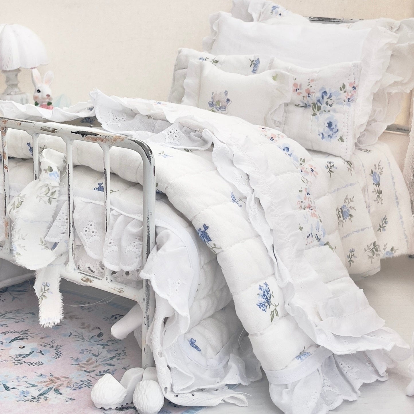 Chantallena pink ruffles Spring Willow 1:6 Scale | Reversible Blue Roses Quilt with White Cotton Bedding Set | Blues Away