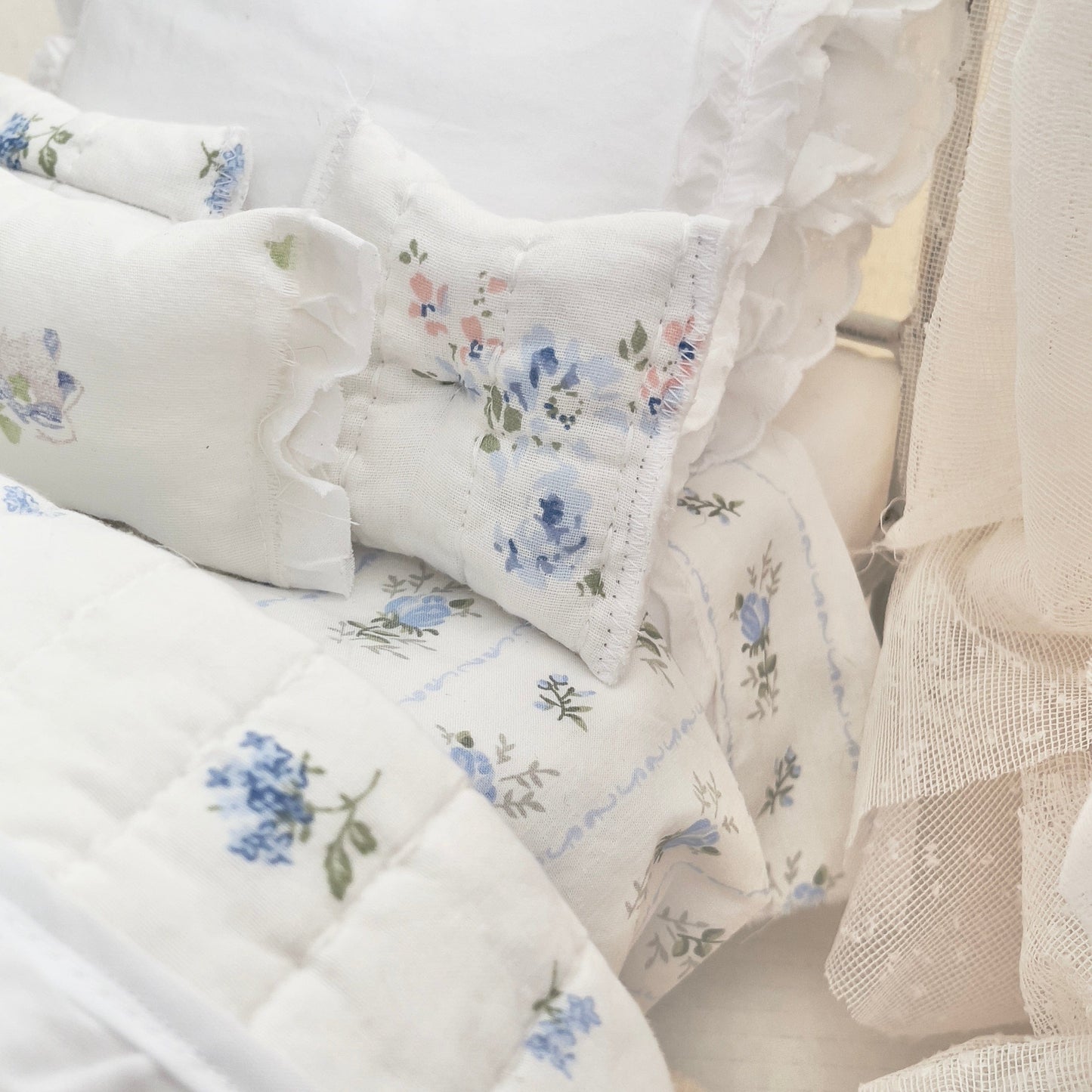 Chantallena pink ruffles Spring Willow 1:6 Scale | Reversible Blue Roses Quilt with White Cotton Bedding Set | Blues Away