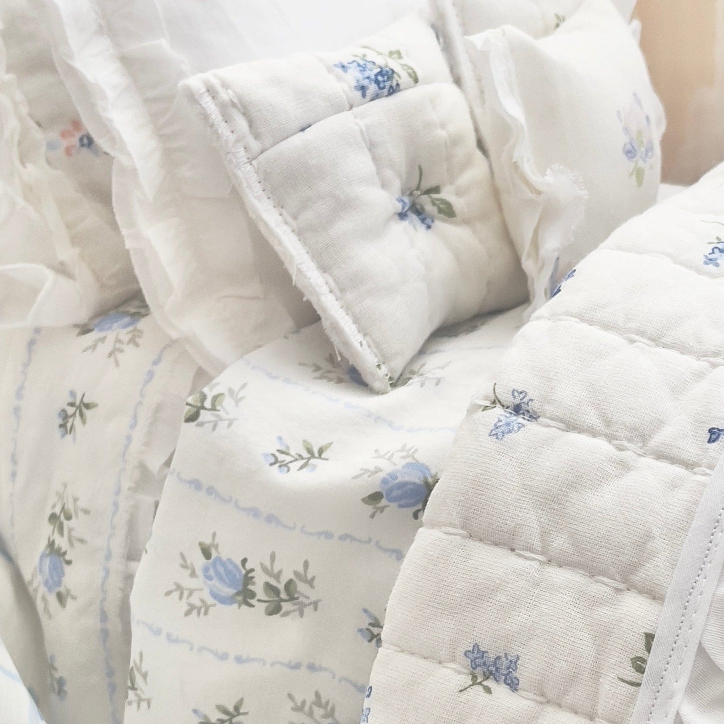 Chantallena pink ruffles Spring Willow 1:6 Scale | Reversible Blue Roses Quilt with White Cotton Bedding Set | Blues Away