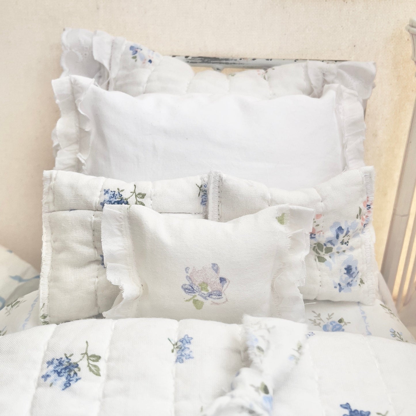 Chantallena pink ruffles Spring Willow 1:6 Scale | Reversible Blue Roses Quilt with White Cotton Bedding Set | Blues Away