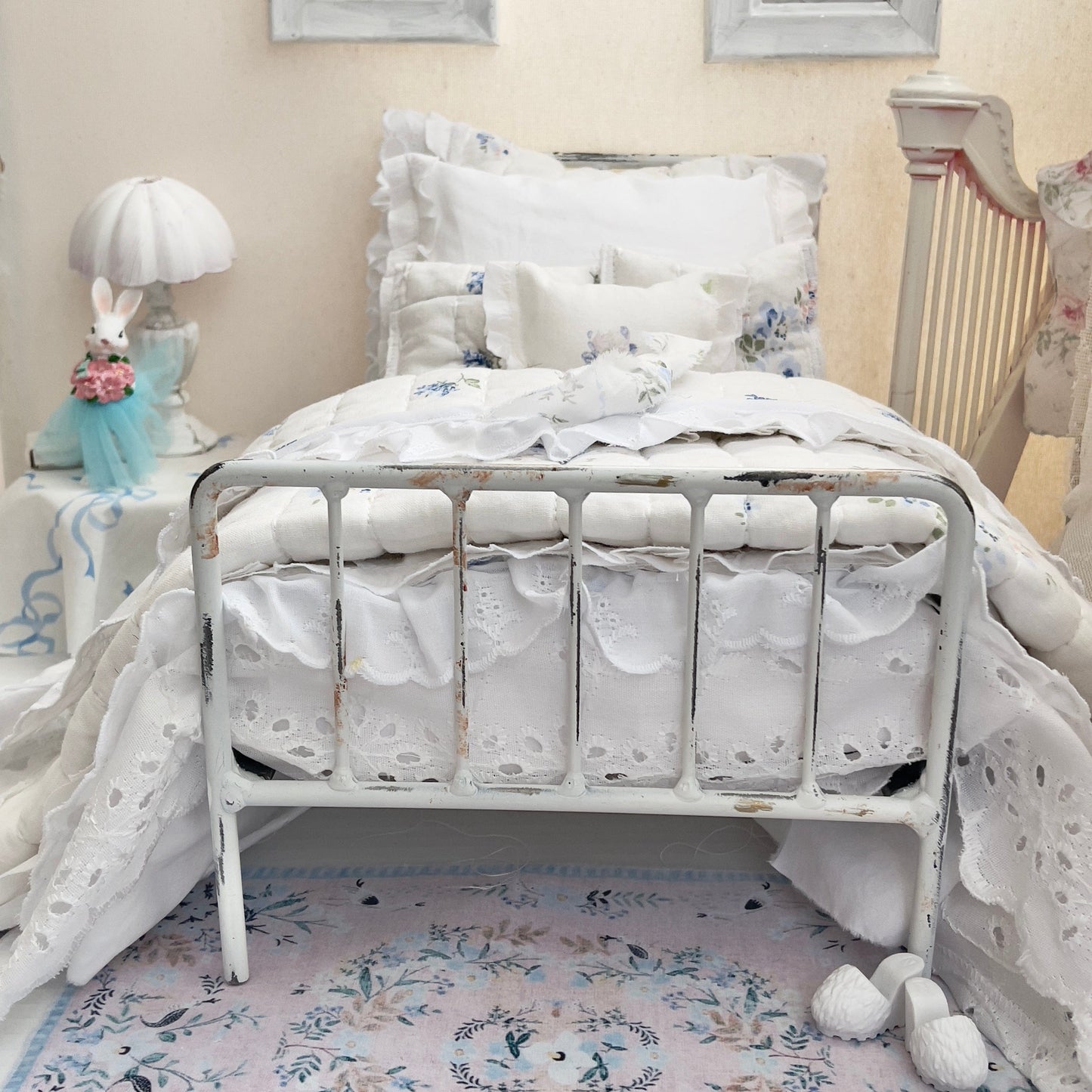 Chantallena pink ruffles Spring Willow 1:6 Scale | Reversible Blue Roses Quilt with White Cotton Bedding Set | Blues Away