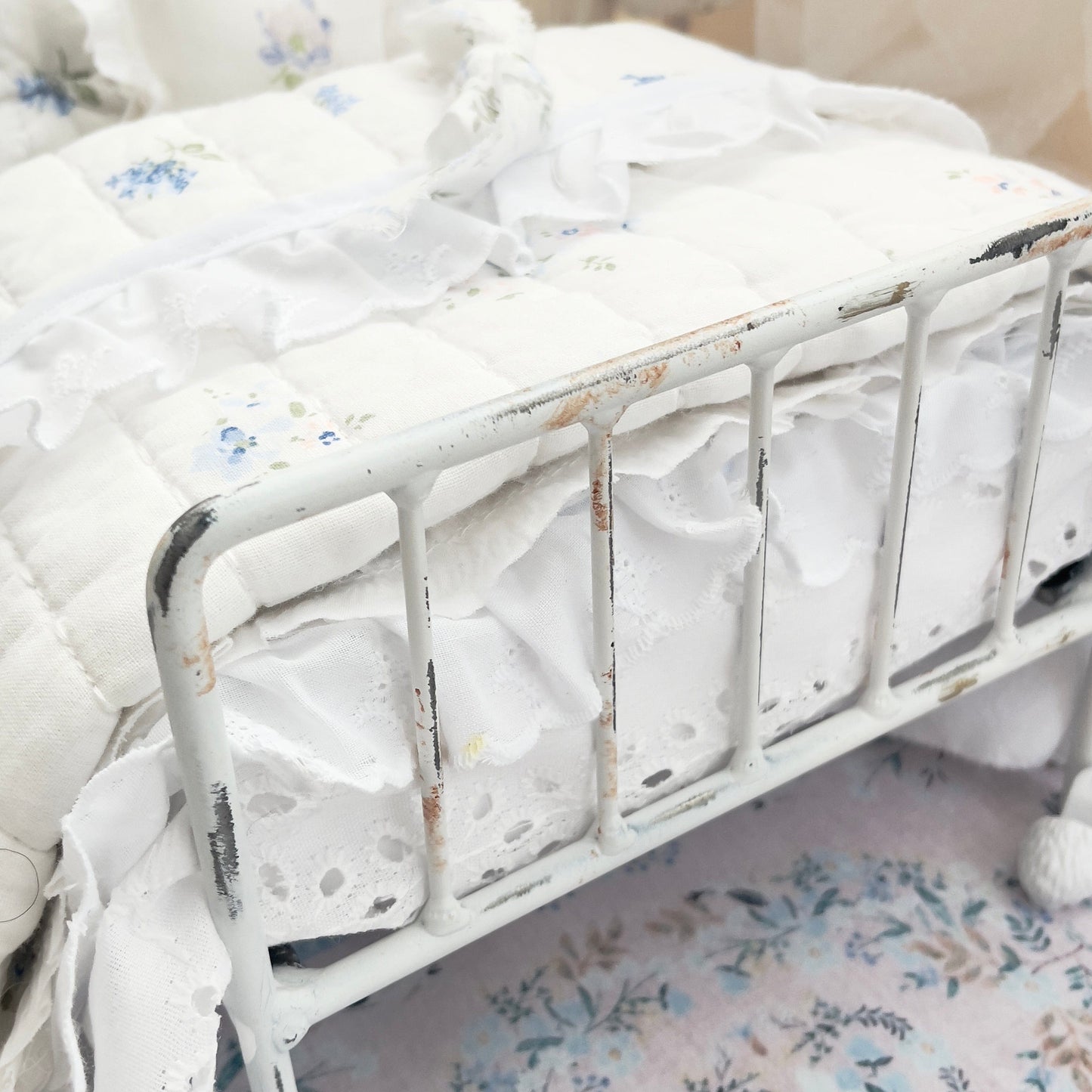 Chantallena pink ruffles Spring Willow 1:6 Scale | Reversible Blue Roses Quilt with White Cotton Bedding Set | Blues Away