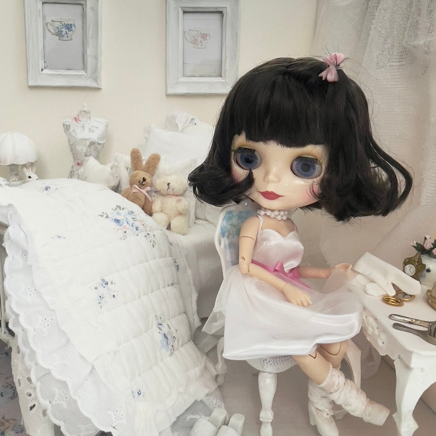 Chantallena pink ruffles Spring Willow 1:6 Scale | Reversible Blue Roses Quilt with White Cotton Bedding Set | Blues Away