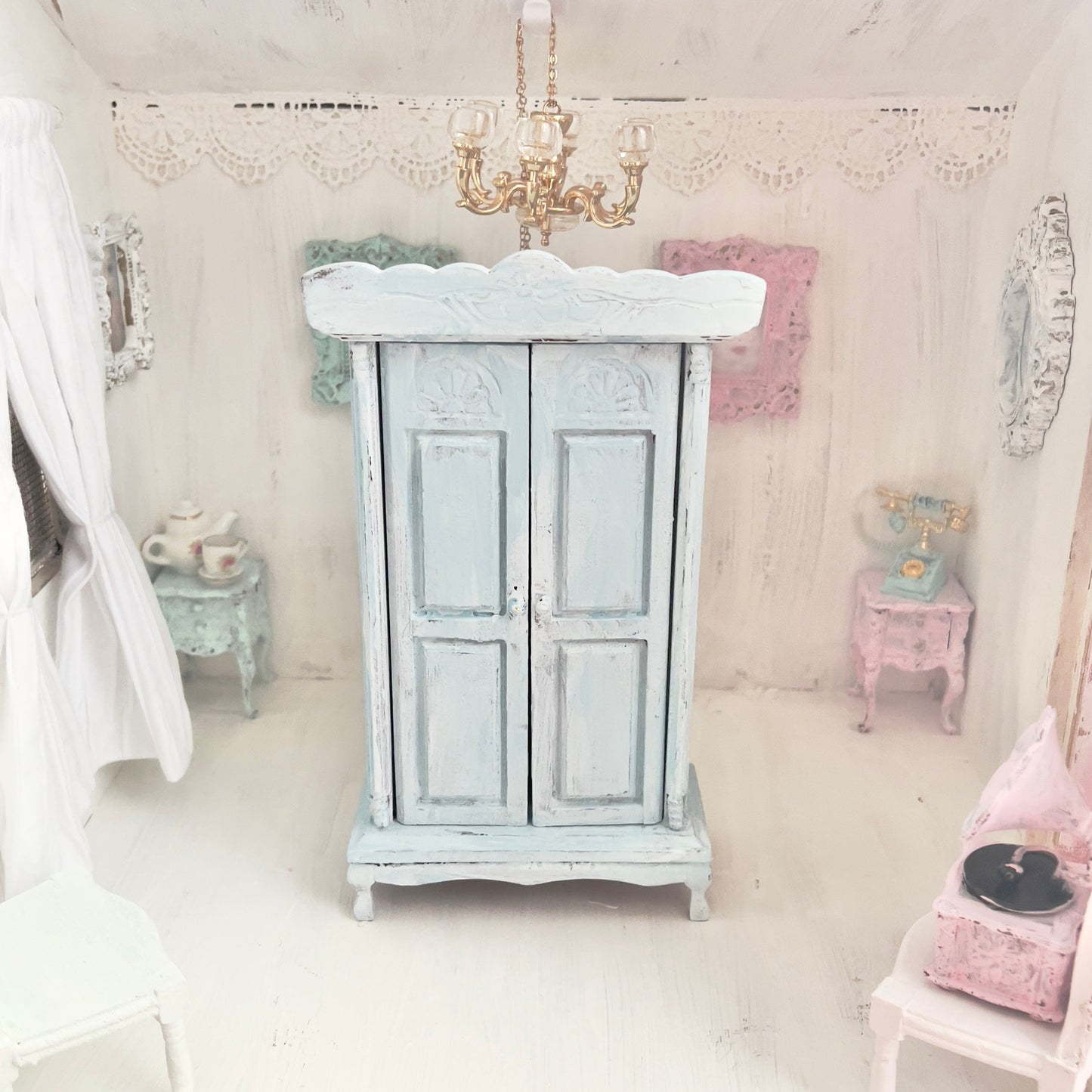 Chantallena White Bed Linens Armoire | Wooden Mint Shabby Blue Distressed | Painted Petals Furniture