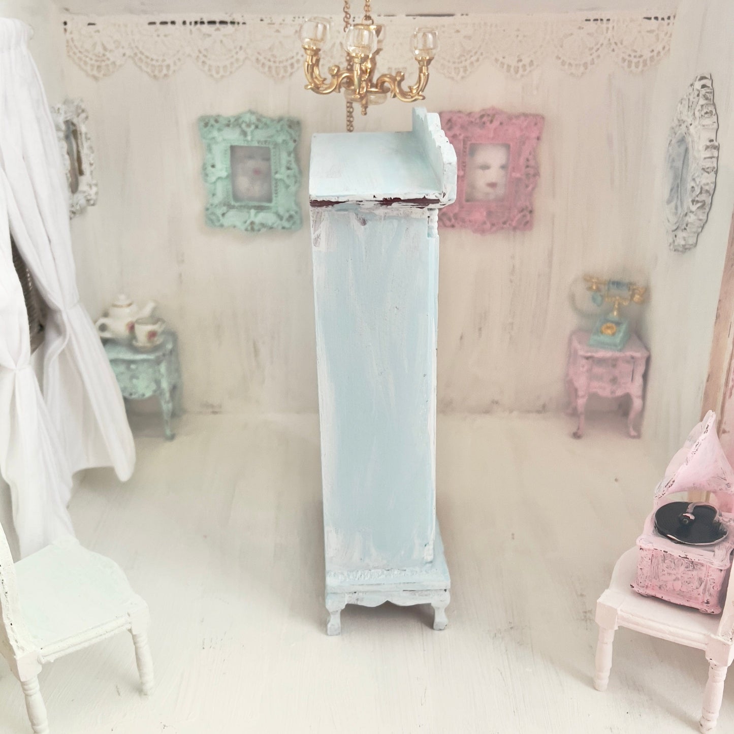 Chantallena White Bed Linens Armoire | Wooden Mint Shabby Blue Distressed | Painted Petals Furniture