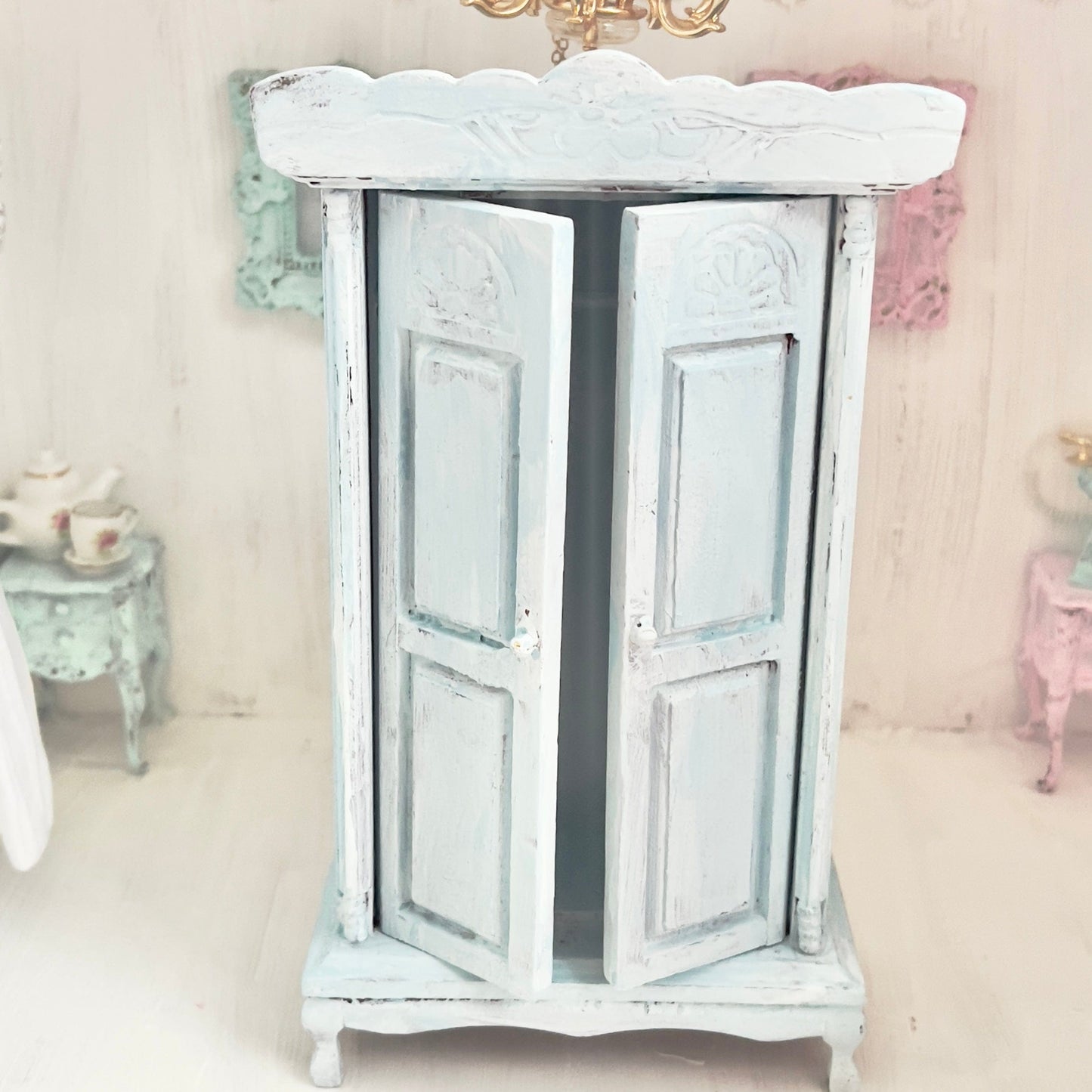 Chantallena White Bed Linens Armoire | Wooden Mint Shabby Blue Distressed | Painted Petals Furniture