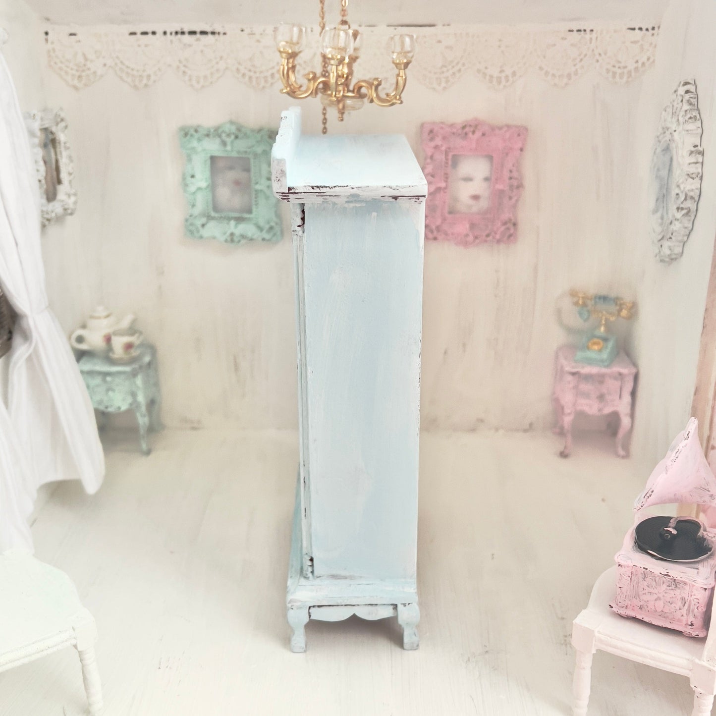 Chantallena White Bed Linens Armoire | Wooden Mint Shabby Blue Distressed | Painted Petals Furniture