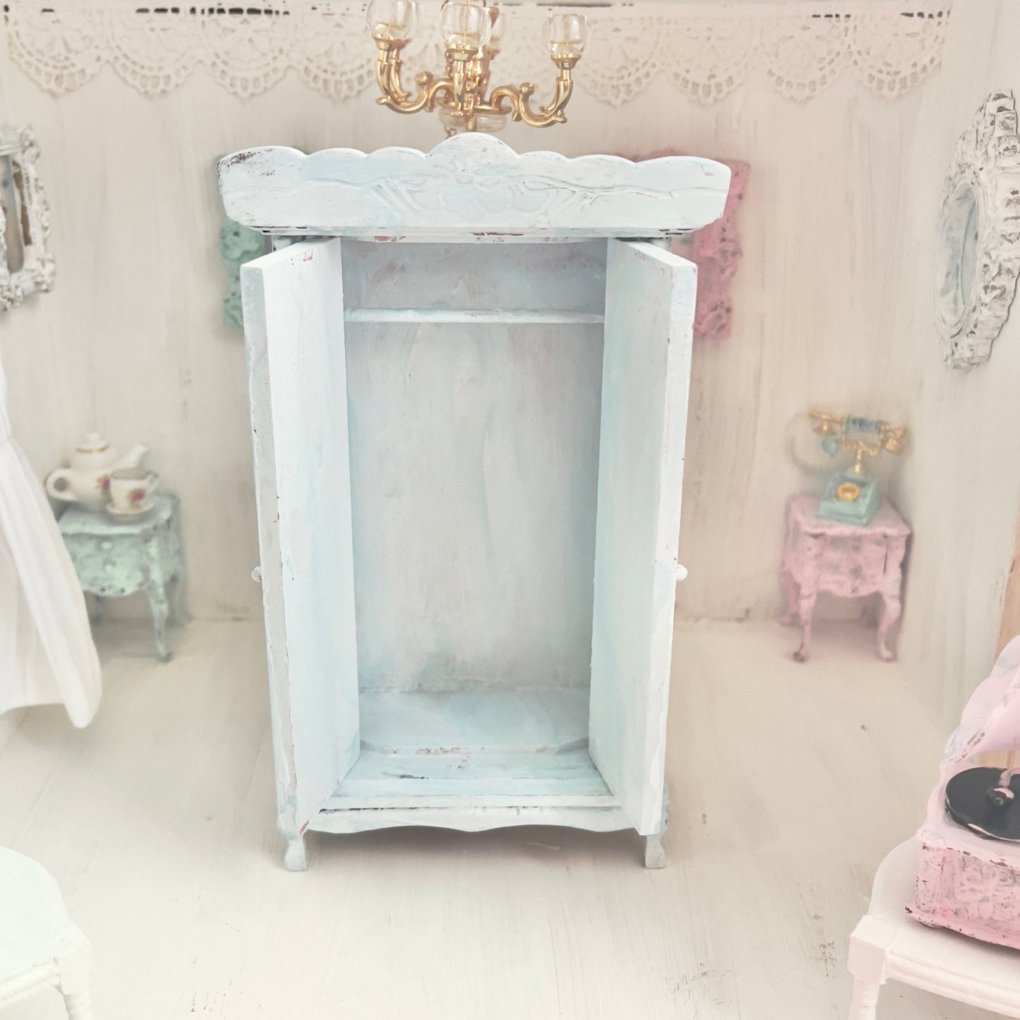 Chantallena White Bed Linens Armoire | Wooden Mint Shabby Blue Distressed | Painted Petals Furniture