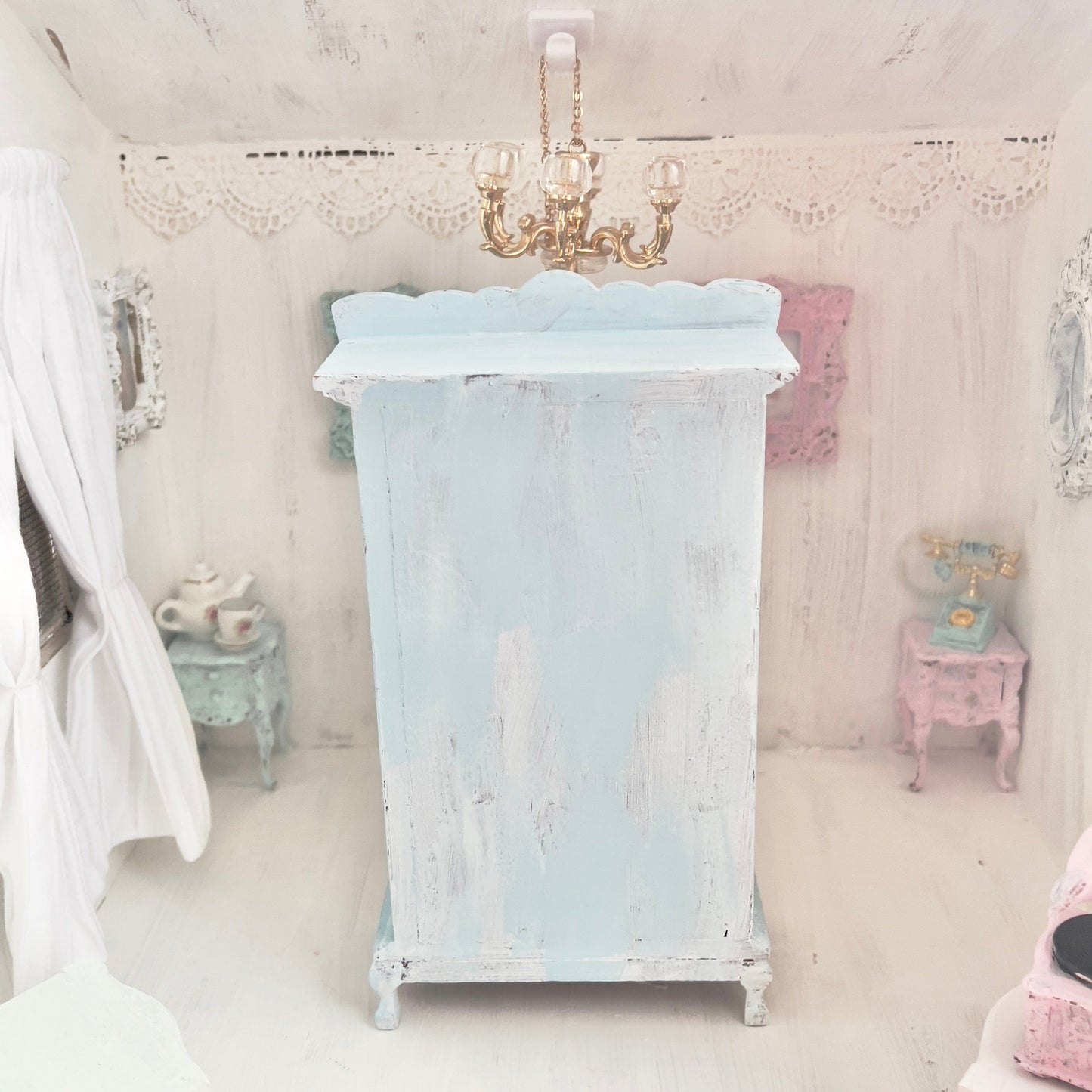 Chantallena White Bed Linens Armoire | Wooden Mint Shabby Blue Distressed | Painted Petals Furniture