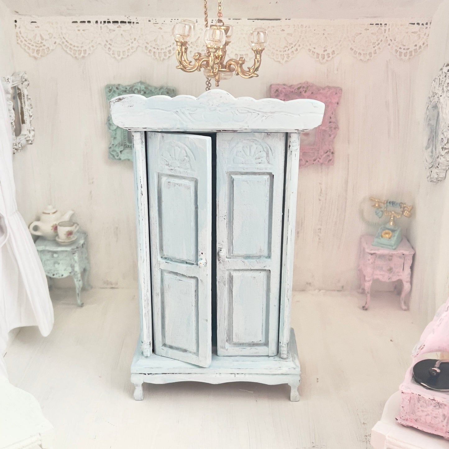 Chantallena White Bed Linens Armoire | Wooden Mint Shabby Blue Distressed | Painted Petals Furniture