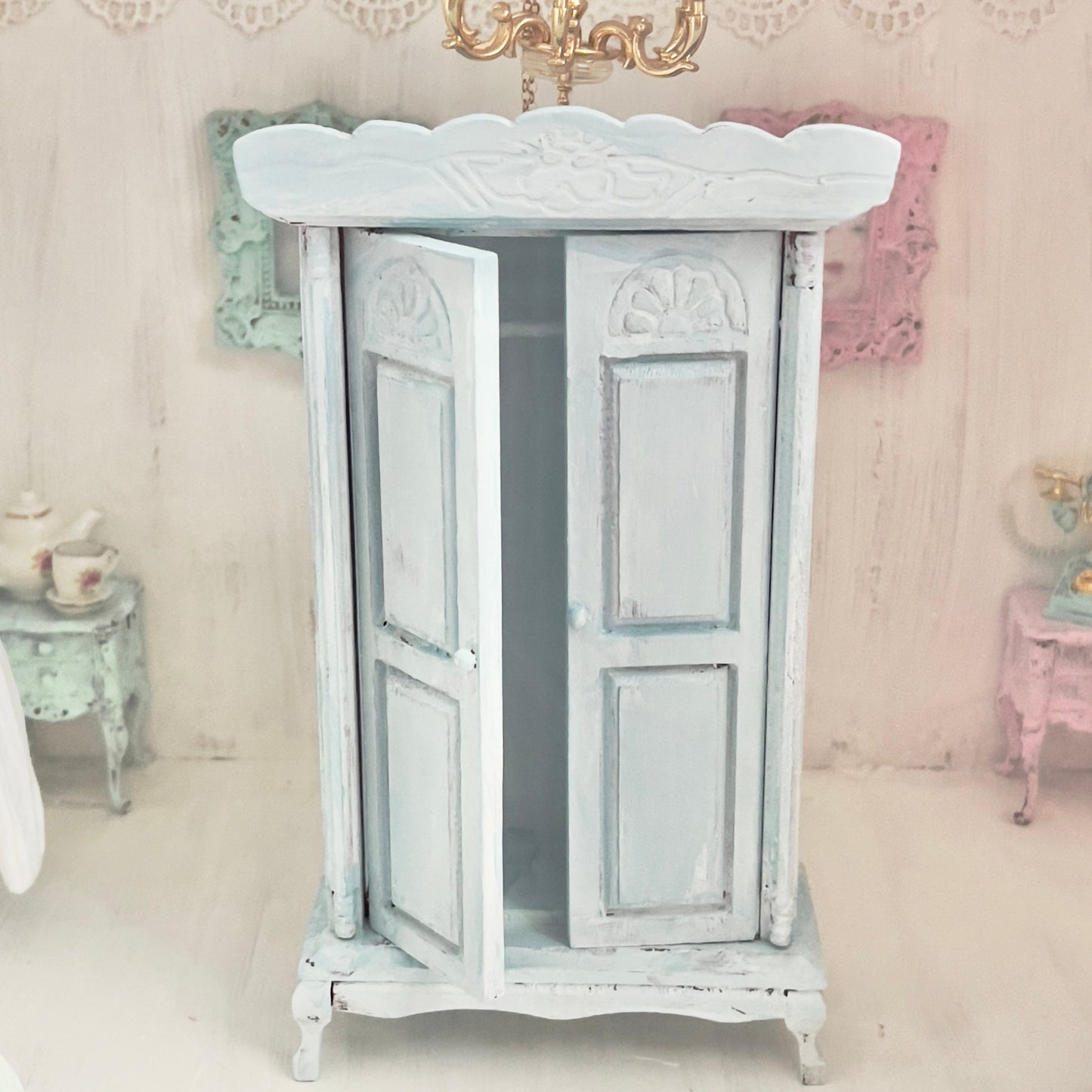 Chantallena White Bed Linens Armoire | Wooden Mint Shabby Blue Distressed | Painted Petals Furniture