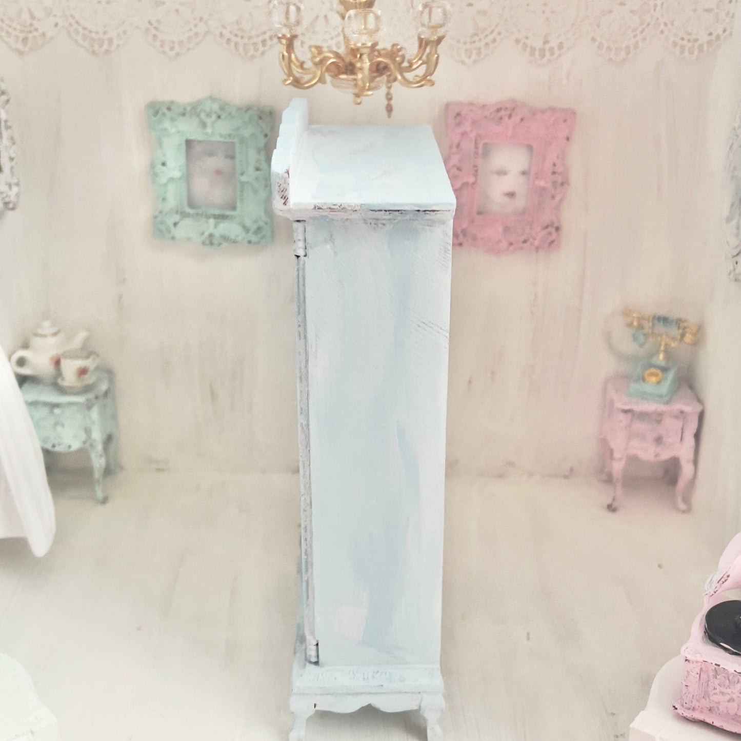 Chantallena White Bed Linens Armoire | Wooden Mint Shabby Blue Distressed | Painted Petals Furniture