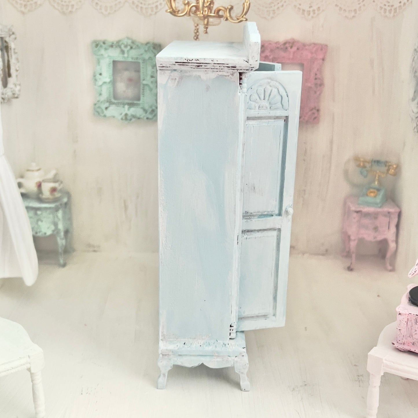 Chantallena White Bed Linens Armoire | Wooden Mint Shabby Blue Distressed | Painted Petals Furniture