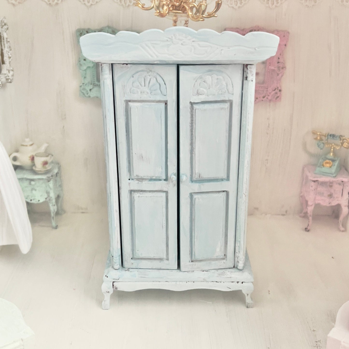 Chantallena White Bed Linens Armoire | Wooden Mint Shabby Blue Distressed | Painted Petals Furniture