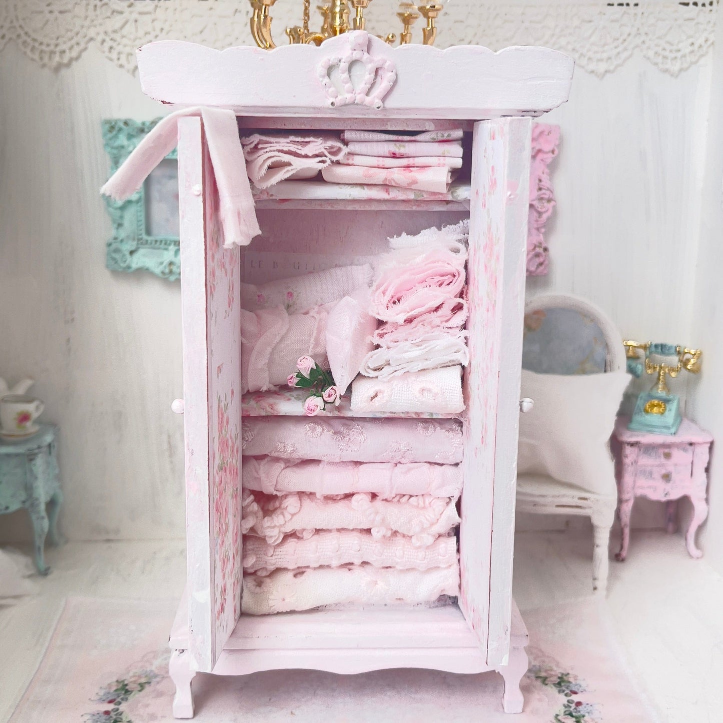 Chantallena White Bed Linens Armoire | Wooden Shabby Pink Distressed with Linens| Painted Petals Furniture