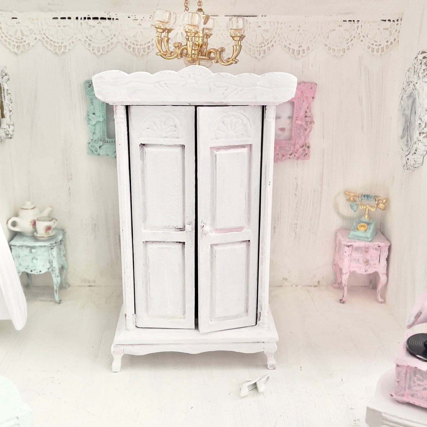 Chantallena White Bed Linens Armoire | Wooden Shabby White Distressed | Aged in White Petals Furniture