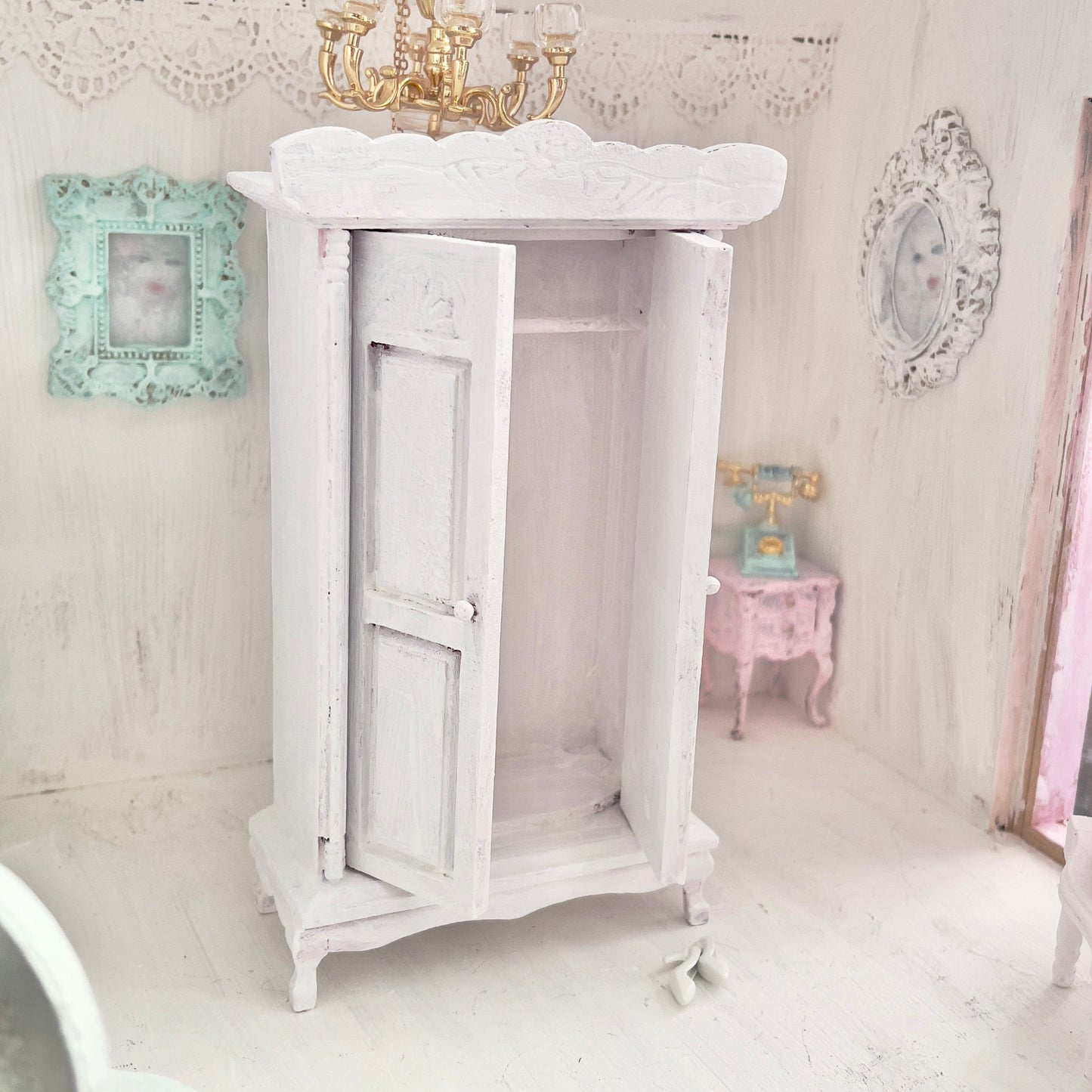 Chantallena White Bed Linens Armoire | Wooden Shabby White Distressed | Aged in White Petals Furniture