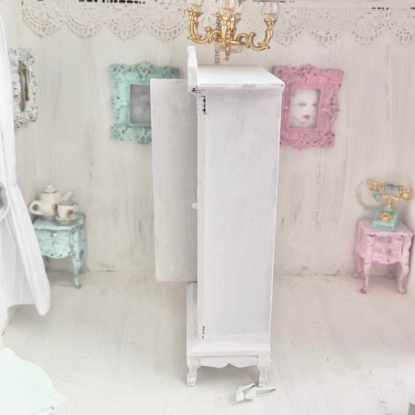 Chantallena White Bed Linens Armoire | Wooden Shabby White Distressed | Aged in White Petals Furniture