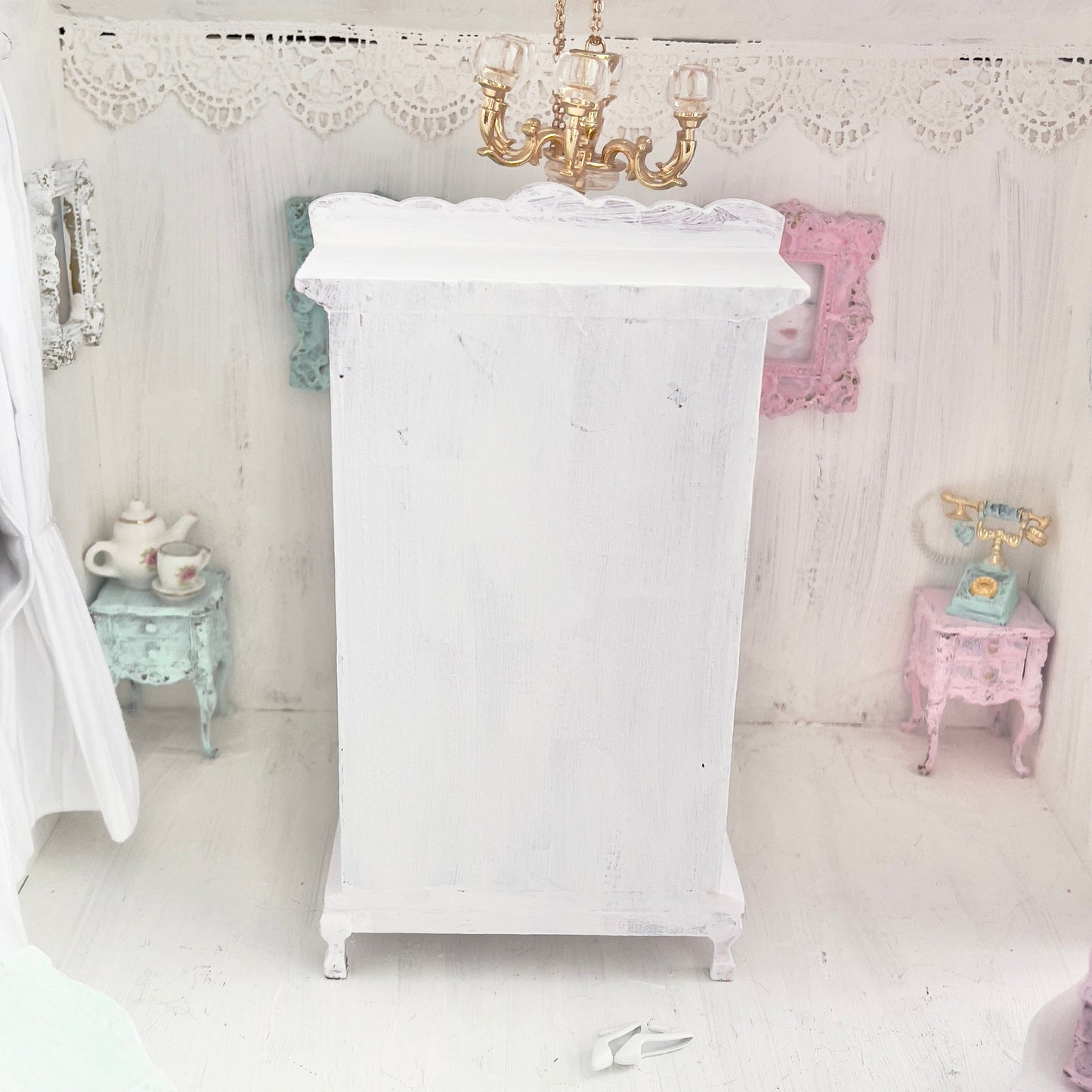 Chantallena White Bed Linens Armoire | Wooden Shabby White Distressed | Aged in White Petals Furniture