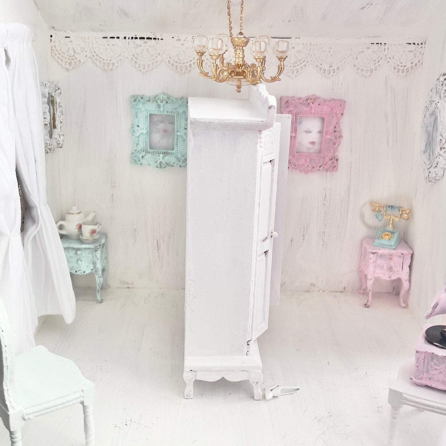 Chantallena White Bed Linens Armoire | Wooden Shabby White Distressed | Aged in White Petals Furniture