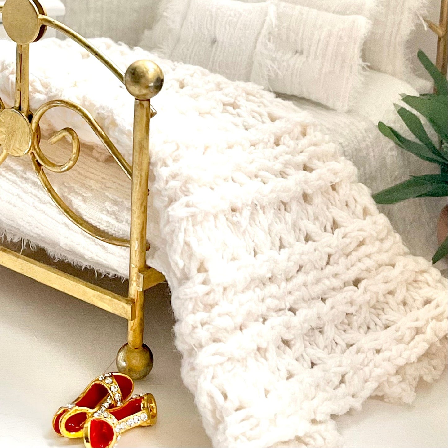 Chantallena White Bed Linens Blanket Only -$10.00 (5 inch by 9 inch) Boundless White | White Textured Cotton Bedding Set with Ercu Blanket-1:12 Scale | Charis