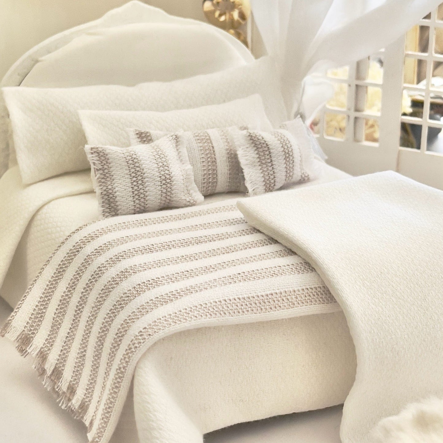 Chantallena White Bed Linens (Copy) Boundless White | Textured White Cotton 1:12 Scale Bedding Set with Matching Throw| Modern Zen