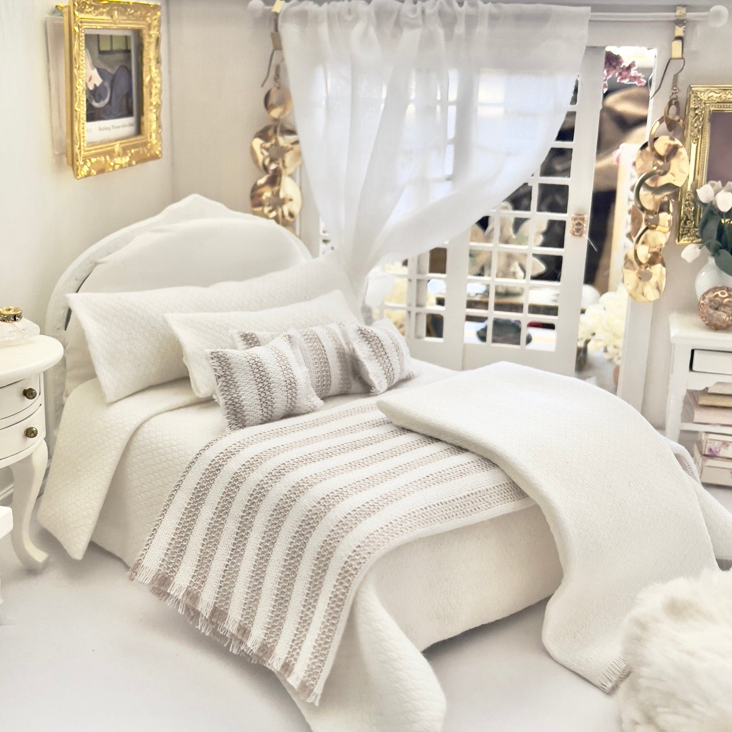 Chantallena White Bed Linens (Copy) Boundless White | Textured White Cotton 1:12 Scale Bedding Set with Matching Throw| Modern Zen