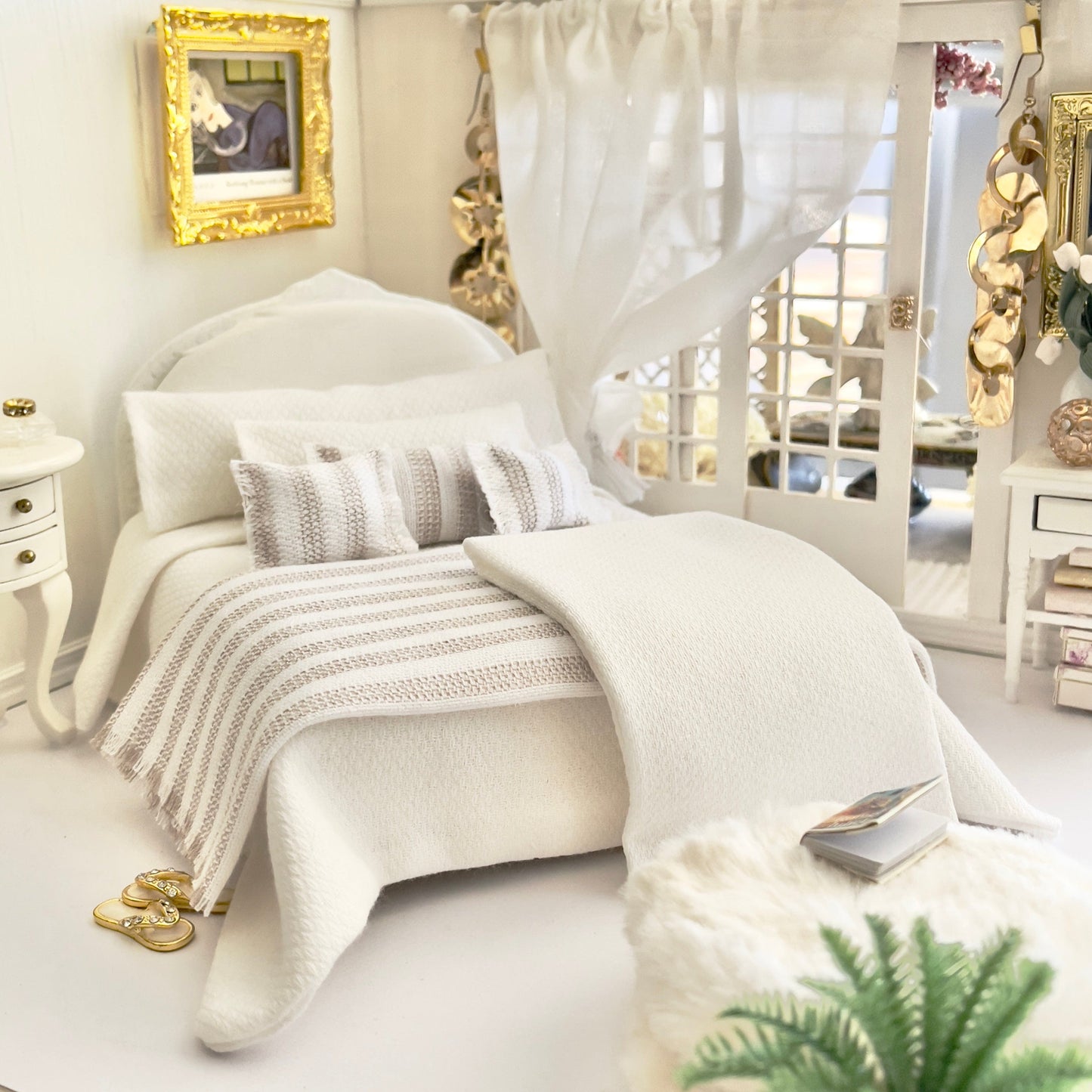 Chantallena White Bed Linens (Copy) Boundless White | Textured White Cotton 1:12 Scale Bedding Set with Matching Throw| Modern Zen