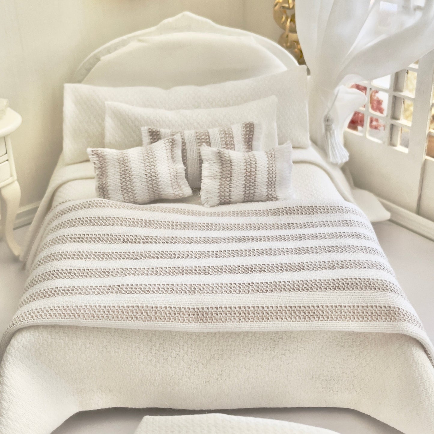 Chantallena White Bed Linens (Copy) Boundless White | Textured White Cotton 1:12 Scale Bedding Set with Matching Throw| Modern Zen