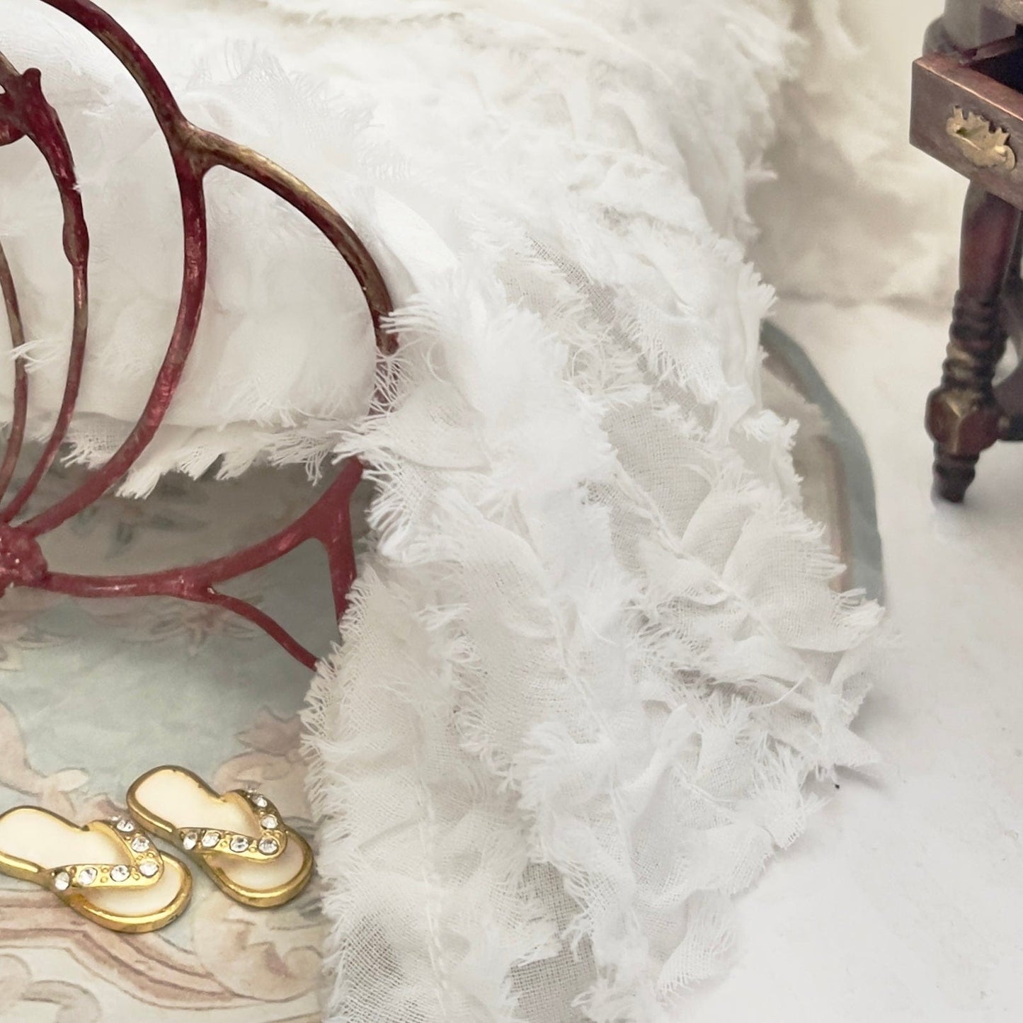 Chantallena White Bed Linens (Copy) Boundless White | White Distressed Ruffled Cotton 1:12 Scale Bedding Set | Leanna