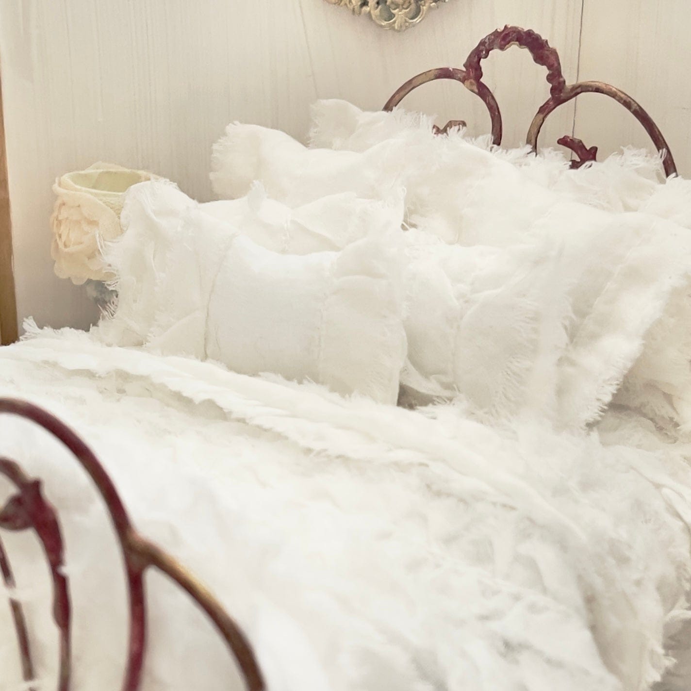 Chantallena White Bed Linens (Copy) Boundless White | White Distressed Ruffled Cotton 1:12 Scale Bedding Set | Leanna