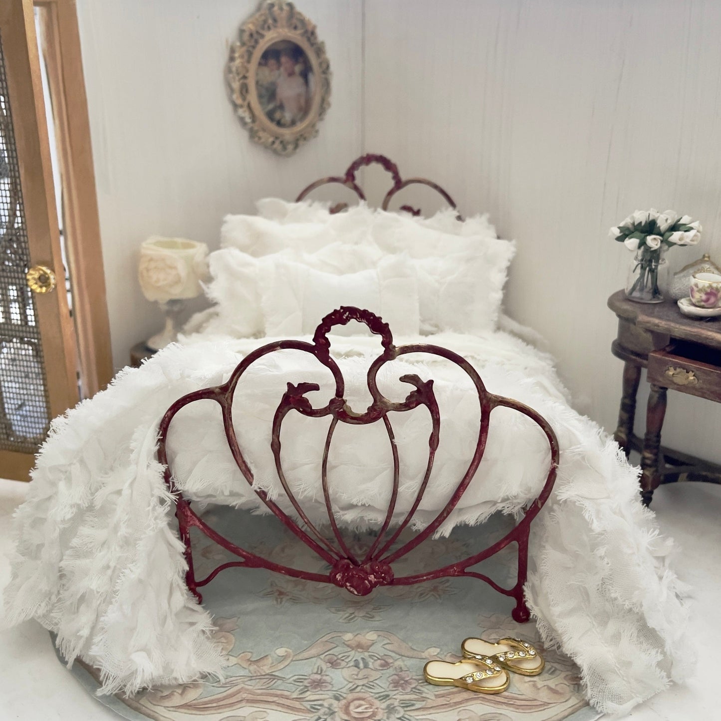 Chantallena White Bed Linens (Copy) Boundless White | White Distressed Ruffled Cotton 1:12 Scale Bedding Set | Leanna