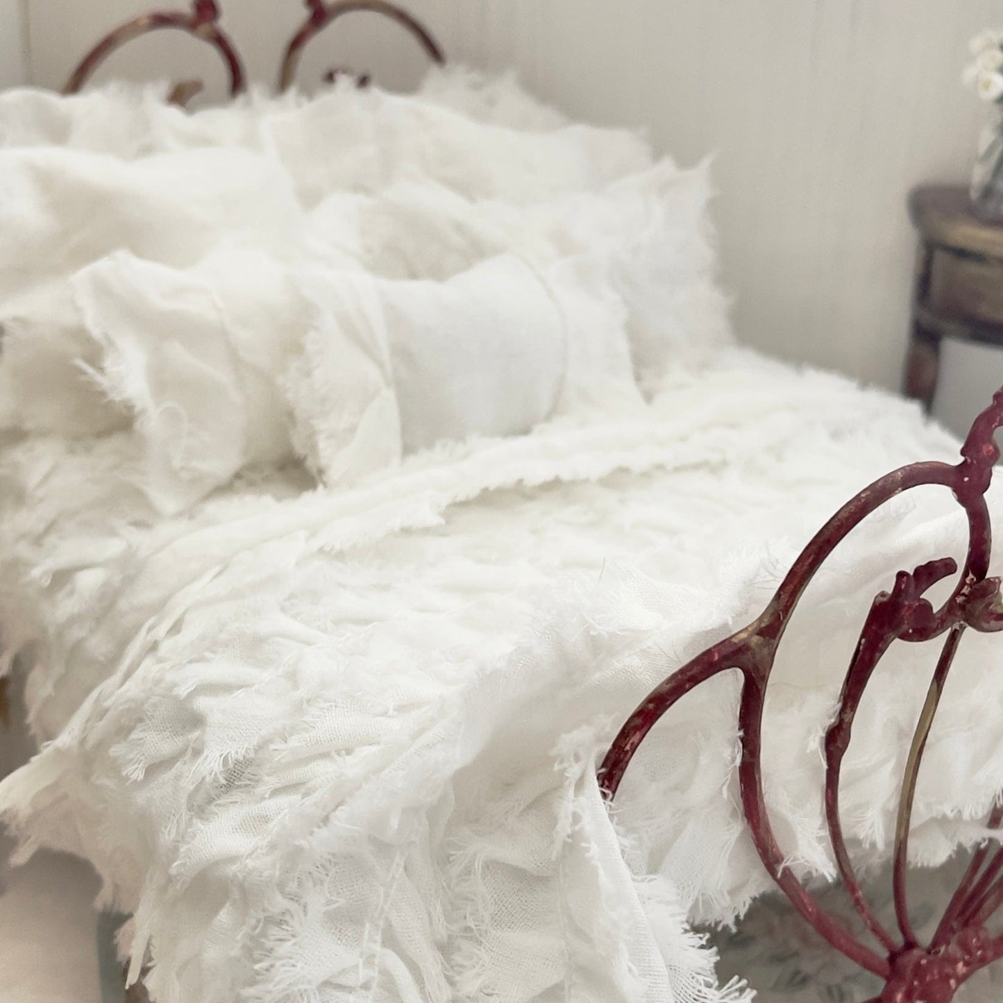 Chantallena White Bed Linens (Copy) Boundless White | White Distressed Ruffled Cotton 1:12 Scale Bedding Set | Leanna