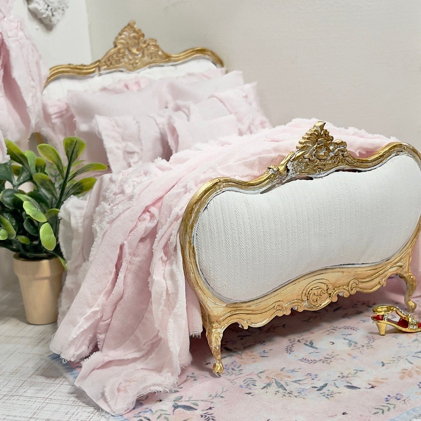 Chantallena White Bed Linens (Copy) Tattered Romance |  Pink Cotton Lawn Distressed Ruffles 1:12 Scale Bedding Set  Emma