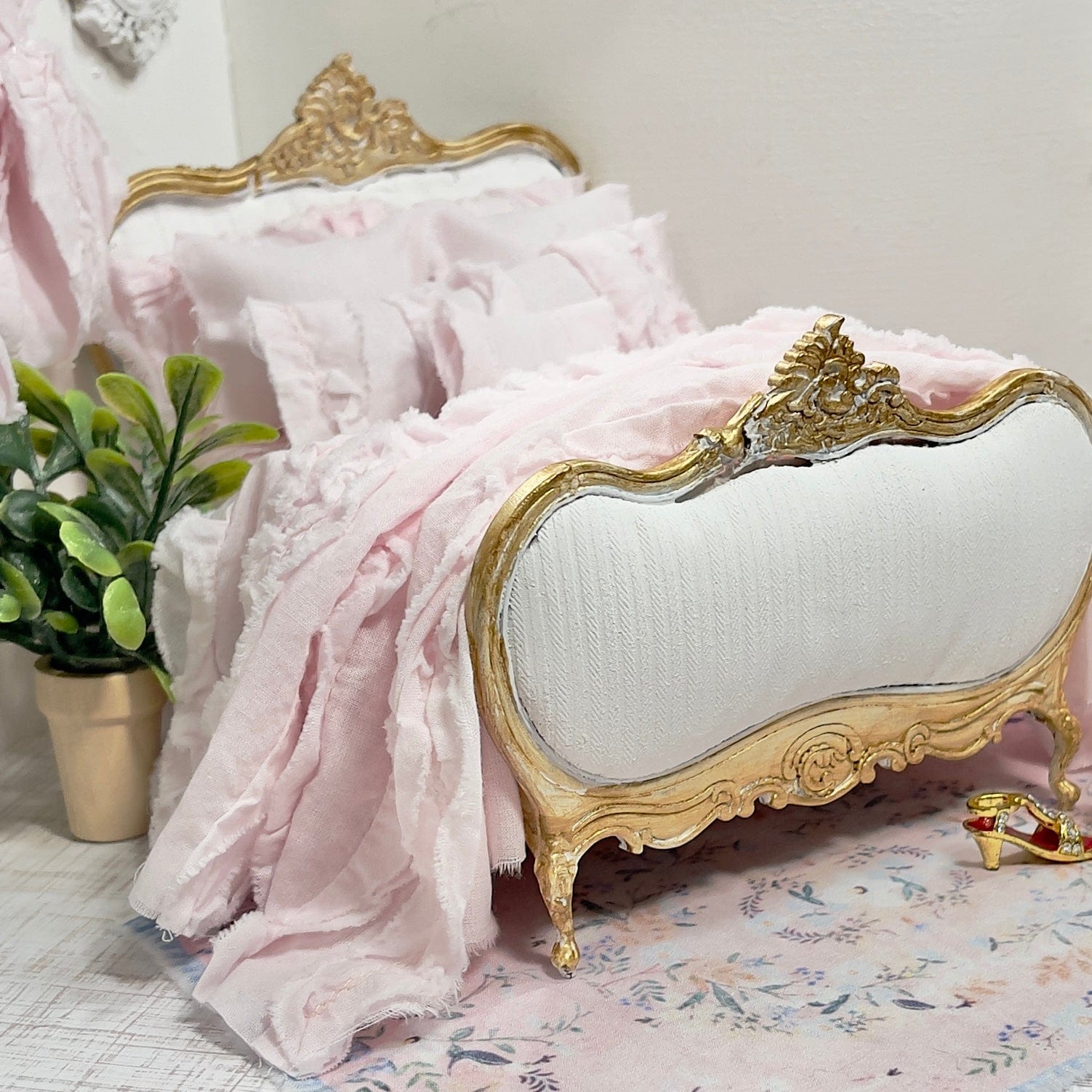 Chantallena White Bed Linens (Copy) Tattered Romance |  Pink Cotton Lawn Distressed Ruffles 1:12 Scale Bedding Set  Emma