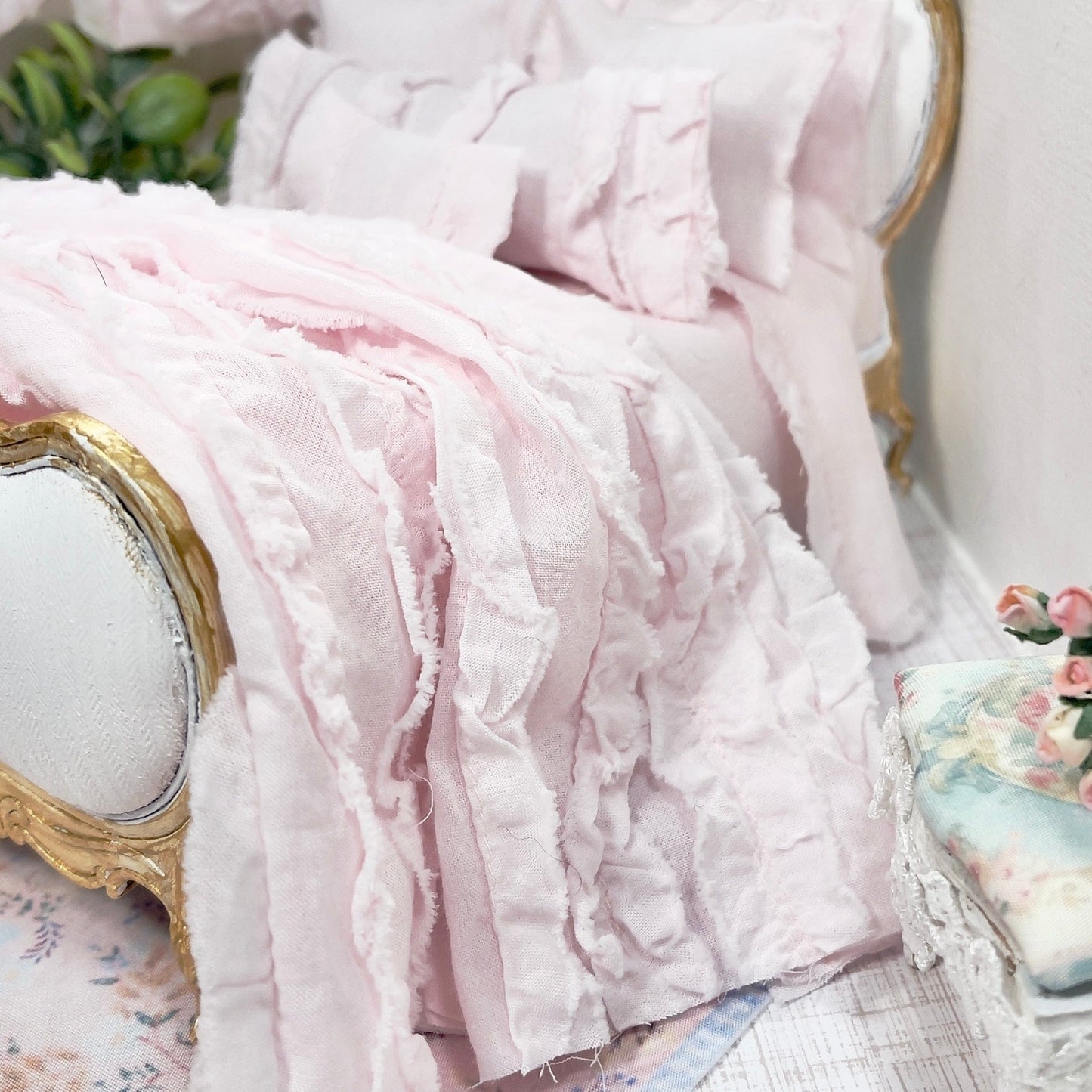 Chantallena White Bed Linens (Copy) Tattered Romance |  Pink Cotton Lawn Distressed Ruffles 1:12 Scale Bedding Set  Emma