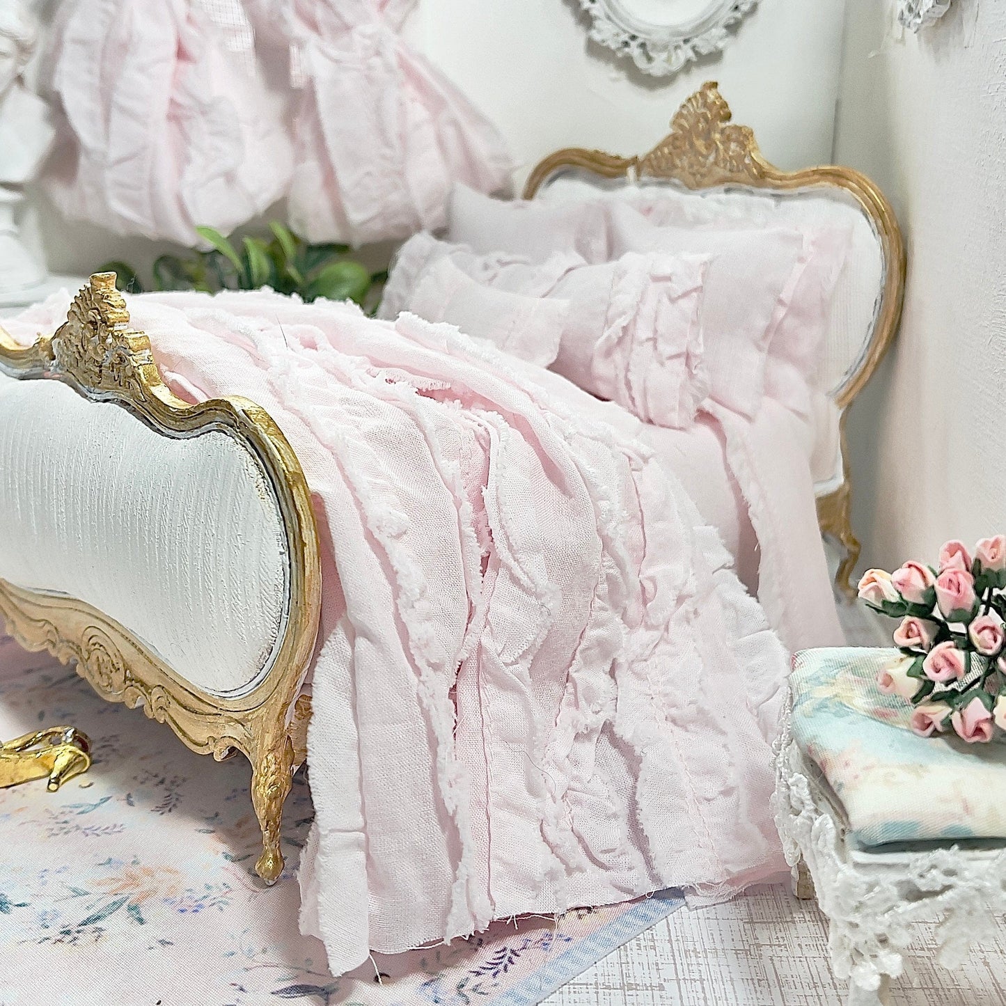 Chantallena White Bed Linens (Copy) Tattered Romance |  Pink Cotton Lawn Distressed Ruffles 1:12 Scale Bedding Set  Emma