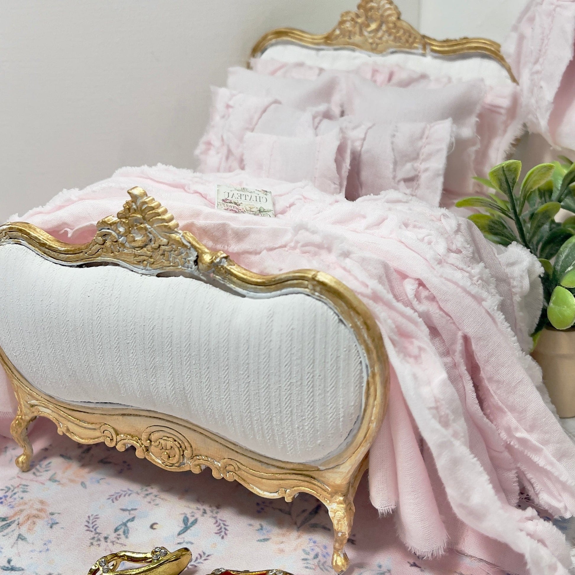 Chantallena White Bed Linens (Copy) Tattered Romance |  Pink Cotton Lawn Distressed Ruffles 1:12 Scale Bedding Set  Emma