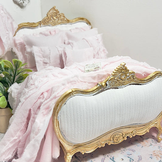 Chantallena White Bed Linens (Copy) Tattered Romance |  Pink Cotton Lawn Distressed Ruffles 1:12 Scale Bedding Set  Emma