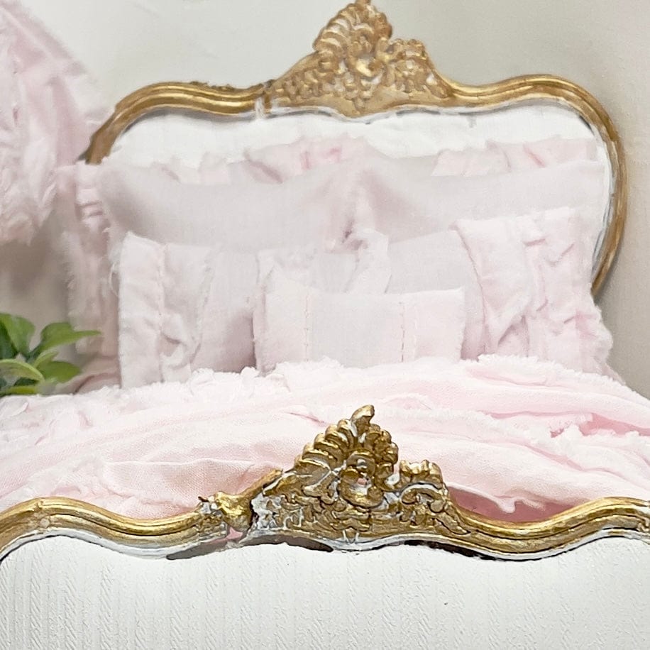 Chantallena White Bed Linens (Copy) Tattered Romance |  Pink Cotton Lawn Distressed Ruffles 1:12 Scale Bedding Set  Emma