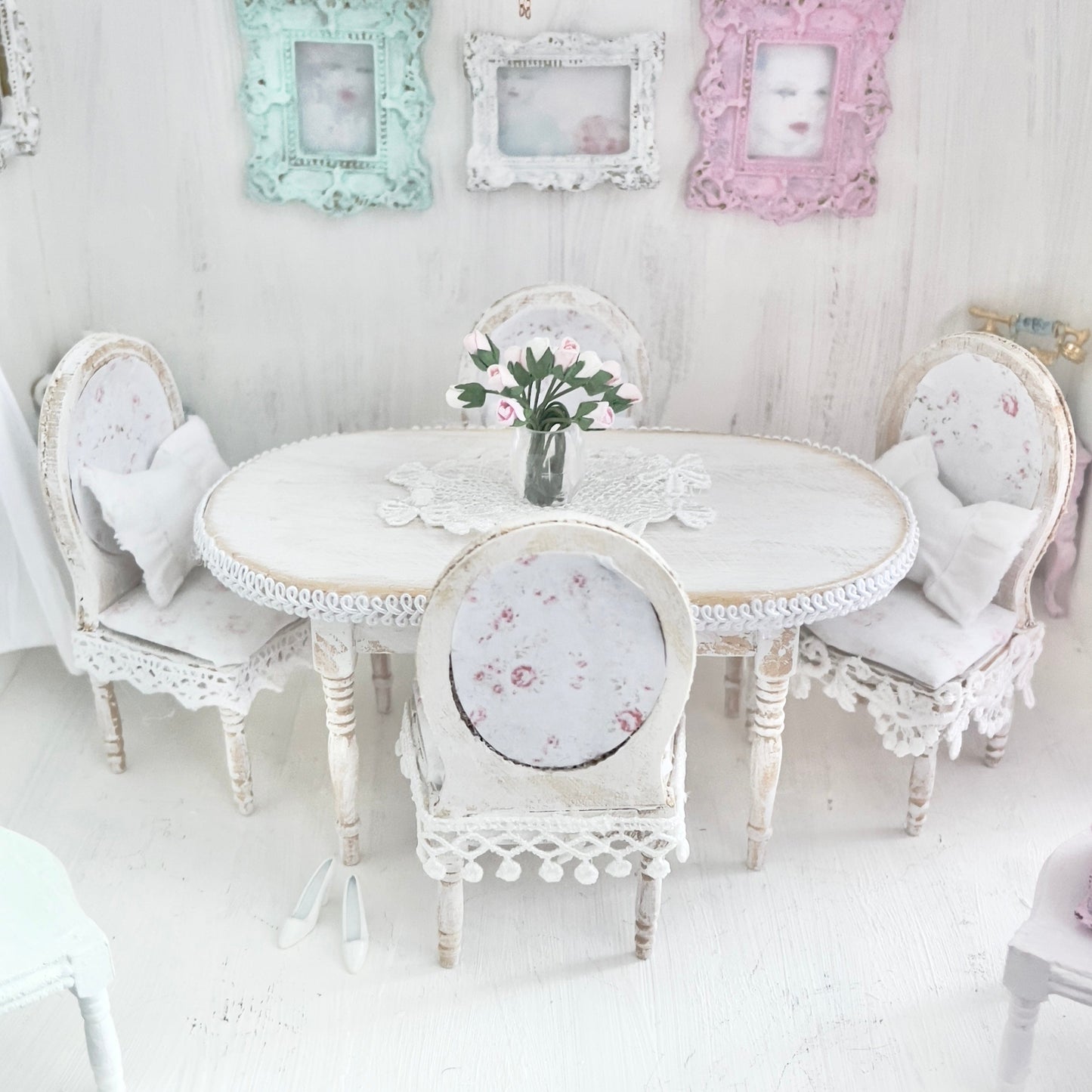 Chantallena White Bed Linens Dining Table and Four Chairs| Wooden Distressed White | Painted Petals Furniture