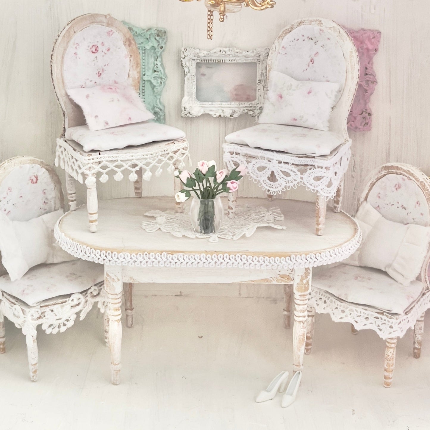 Chantallena White Bed Linens Dining Table and Four Chairs| Wooden Distressed White | Painted Petals Furniture