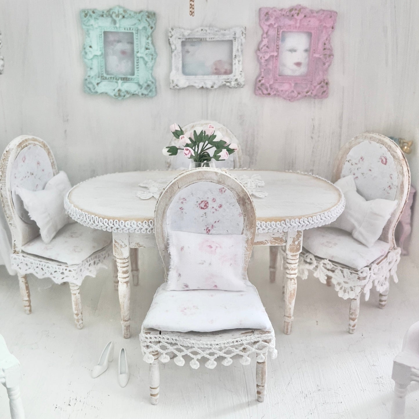 Chantallena White Bed Linens Dining Table and Four Chairs| Wooden Distressed White | Painted Petals Furniture