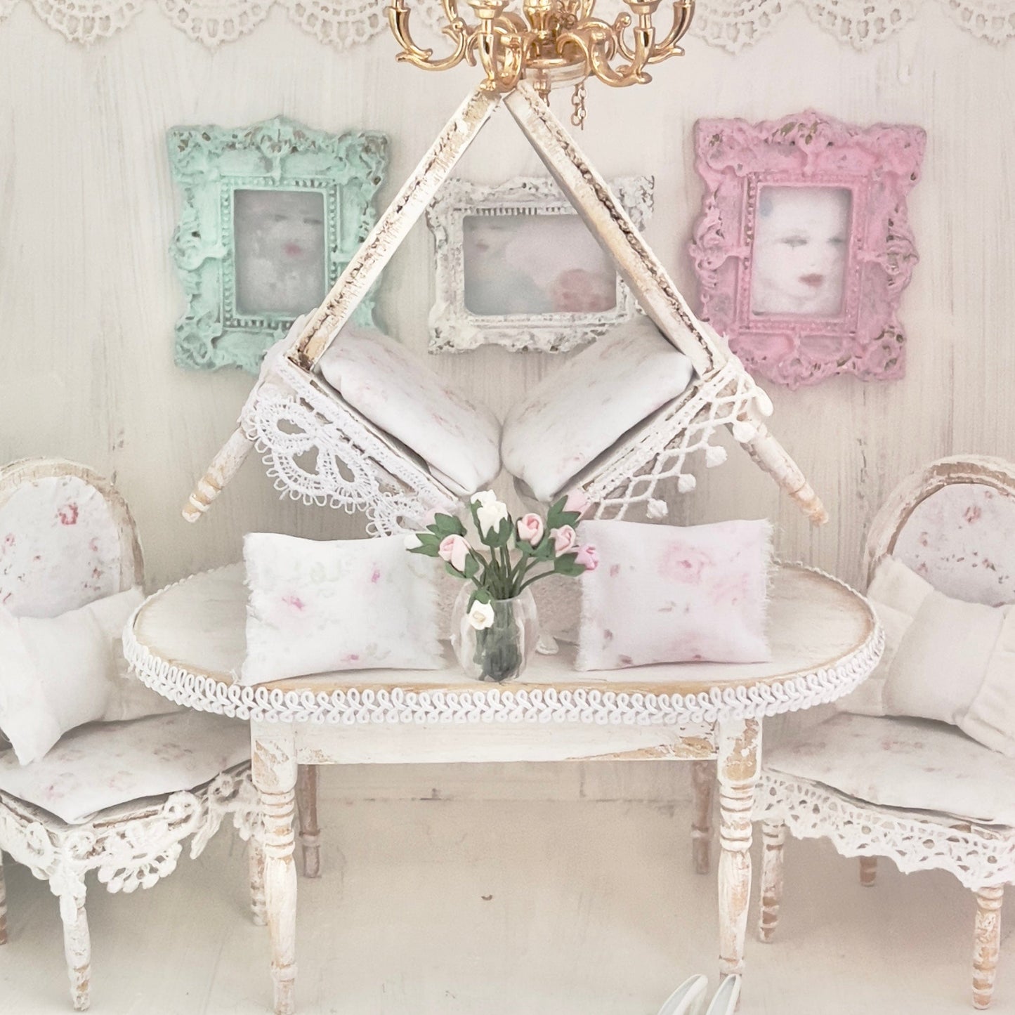 Chantallena White Bed Linens Dining Table and Four Chairs| Wooden Distressed White | Painted Petals Furniture